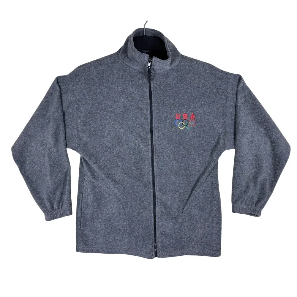 Vintage USA Olympics Fleece Jacket Gray Full Zip Embroidered Rings Logo Mens S